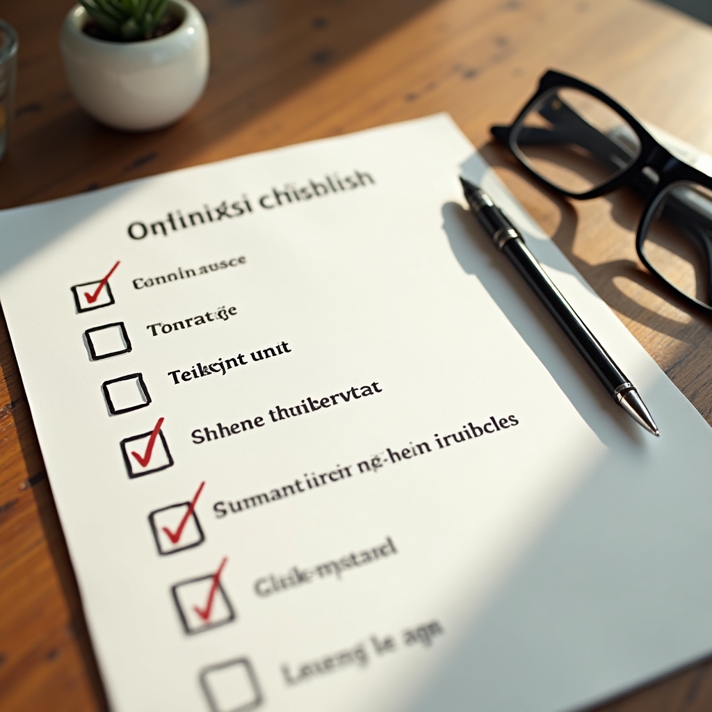 Ausgedruckte Checkliste zur Prüfung einer Betriebskostenabrechnung liegt auf einem Holztisch