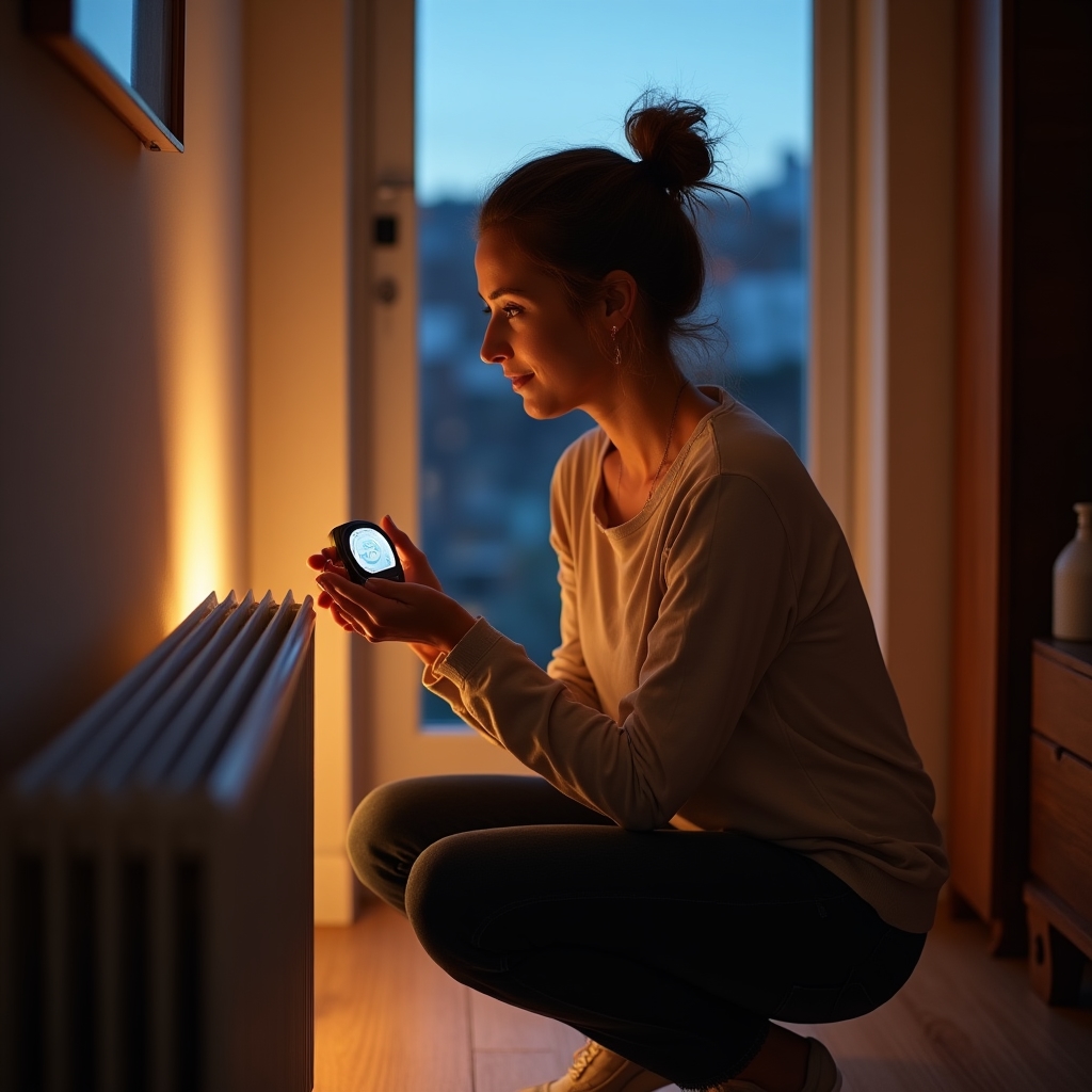 Person betrachtet Heizkörper und Thermostat in einer Wohnung im Rahmen eines Energiesparchecks