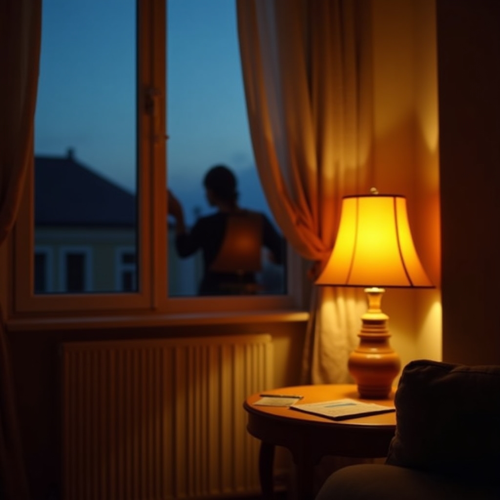 Wohnzimmer am Abend mit eingeschalteter Heizung, im Vordergrund eine Ablesekarte für Heizkosten